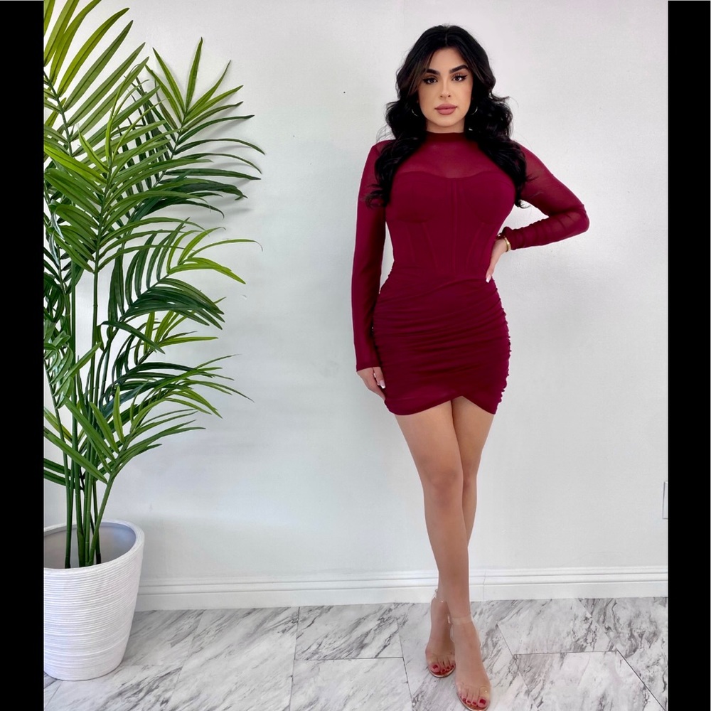 Long Sleeve Burgundy Mini Dress